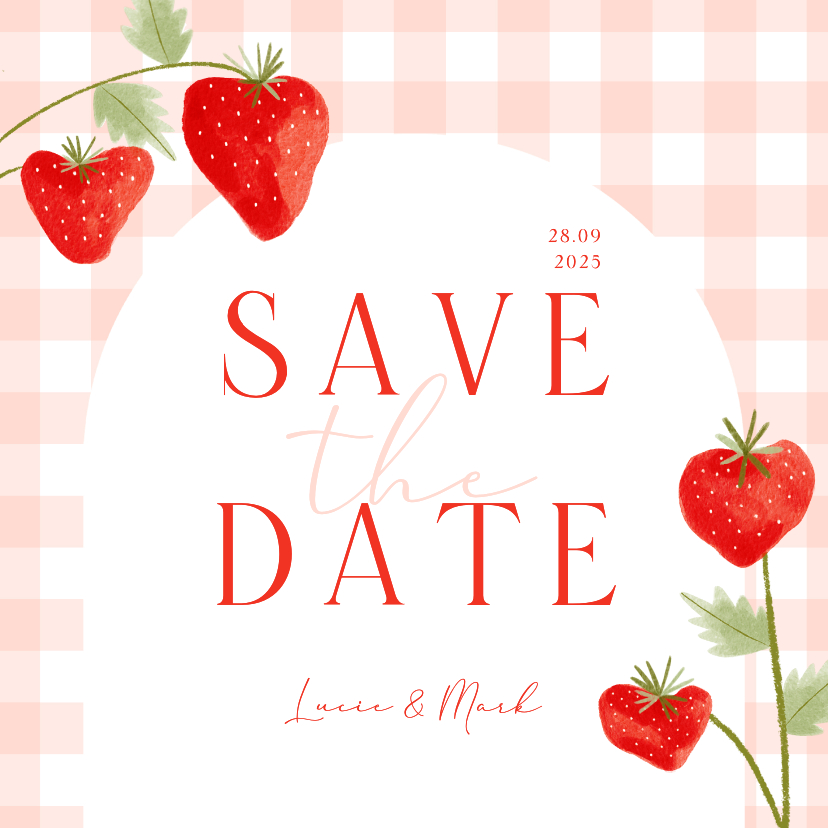 Trouwkaarten - Save the date kaart bruiloft aardbeien roze ruitjes
