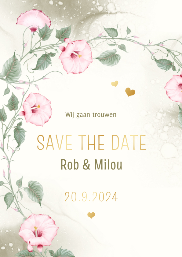 Trouwkaarten - Save the date kaart met roze klokwinde