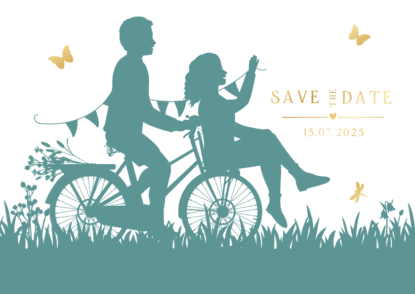 Trouwkaarten - Save the Date kaart met silhouet van koppel op een fiets