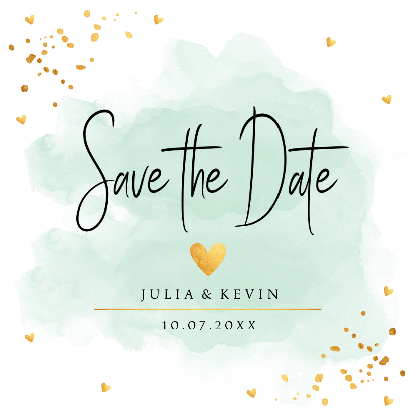 Trouwkaarten - Save the Date kaart waterverf mintgroen goudlook hartjes