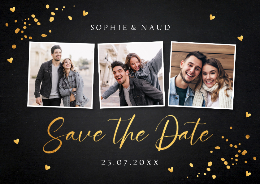 Trouwkaarten - Save the Date kaart zwart goudlook fotocollage