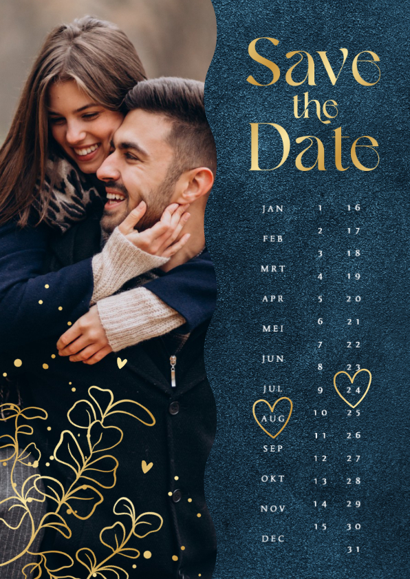Trouwkaarten - Save the date kalender trouwkaart velvet blauw foto goud