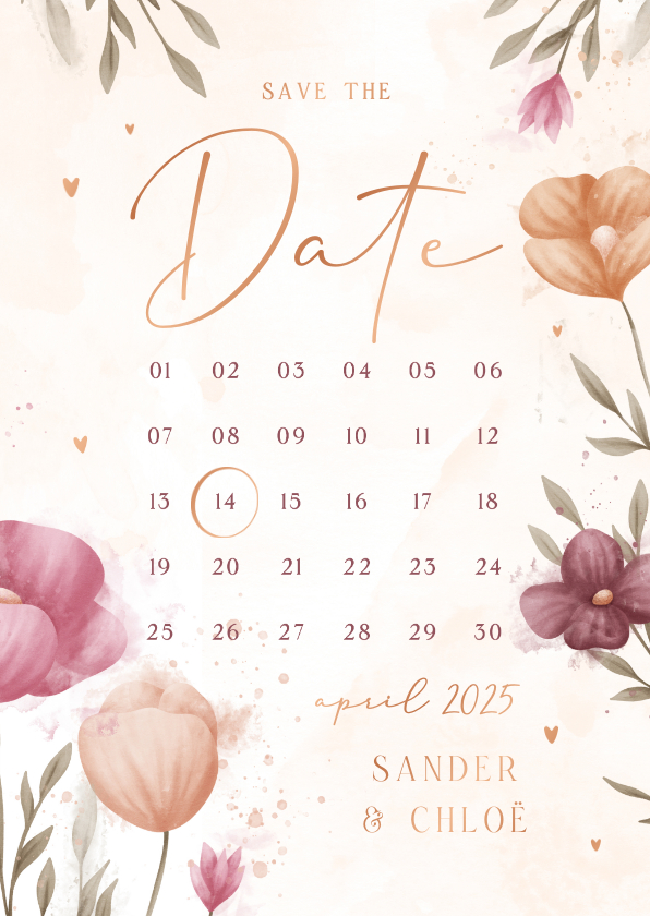 Trouwkaarten - Save the date kalender waterverf bloemen met koperen hartjes