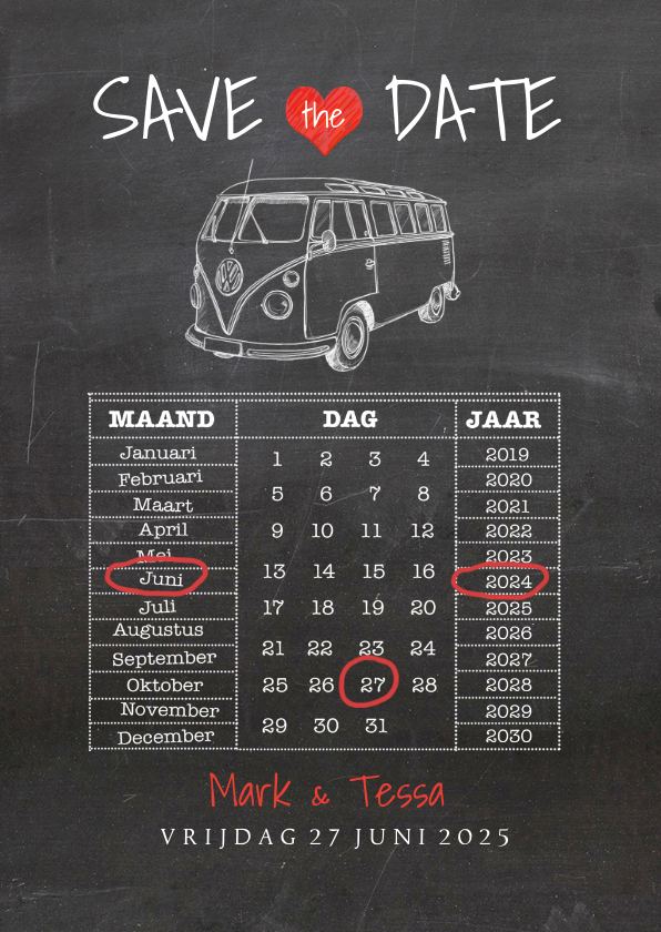 Trouwkaarten - Save the Date krijtbord vw busje