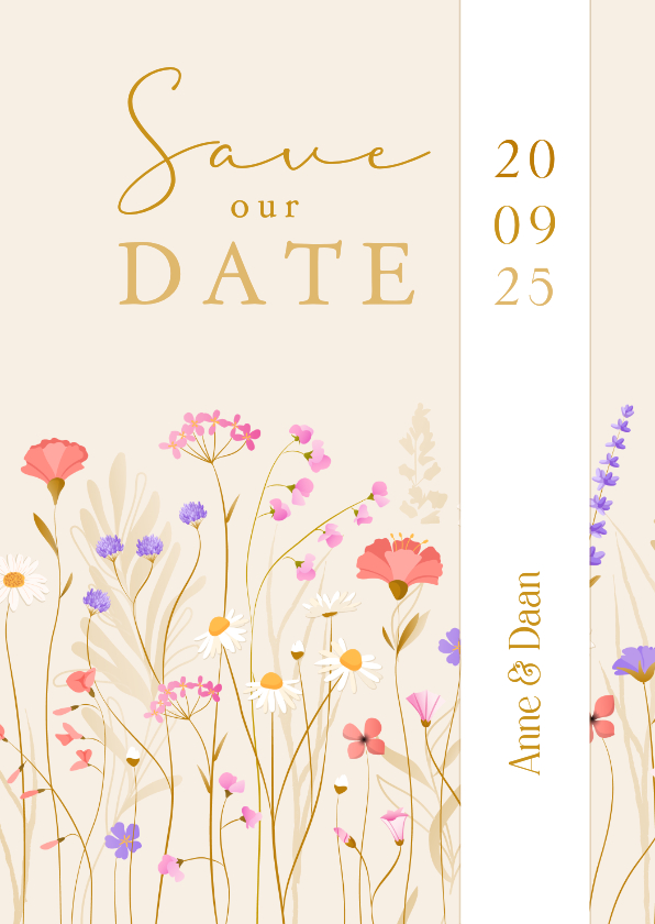 Trouwkaarten - Save the date met sierlijke wilde bloemen en wikkel effect