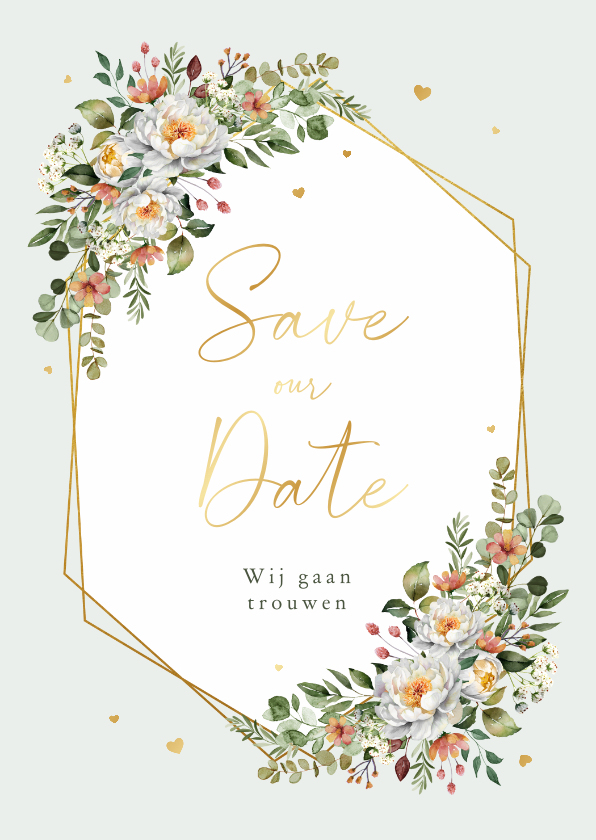 Trouwkaarten - Save the Date romantisch bloemen stijlvol hartjes goud