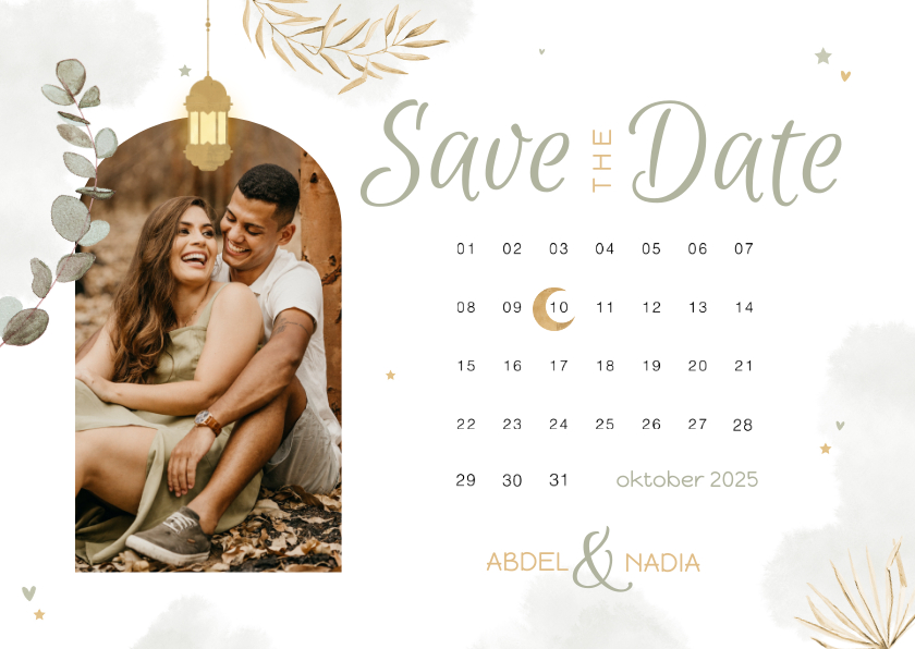 Trouwkaarten - Save the date Trouwkaart Arabisch kalender eucalyptus maan