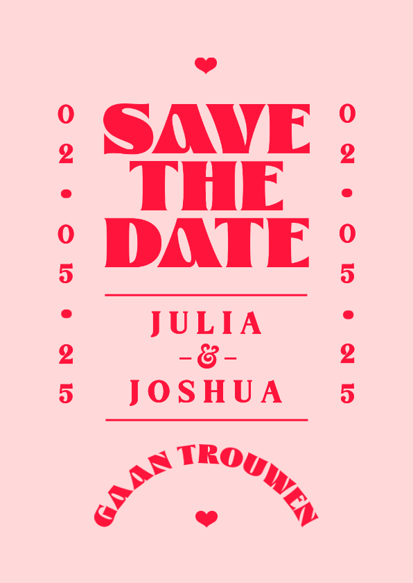 Trouwkaarten - Save the date trouwkaart hip grafisch roze rood romantisch