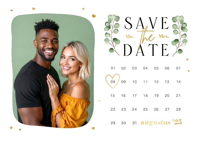 Trouwkaarten - Save the date trouwkaart kalender eucalyptus foto hartjes