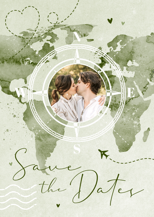 Trouwkaarten - Save the date trouwkaart wereldkaart reizen kompas