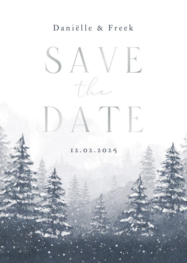 Trouwkaarten - Save the date trouwkaart winter landschap dennenbomen sneeuw