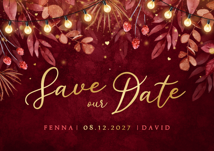 Trouwkaarten - Save the date trouwkaart winter romantisch rood goud hartjes