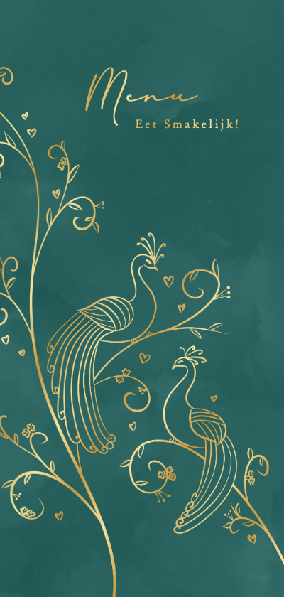 Trouwkaarten - Sierlijke donkergroene menukaart bruiloft met vogels
