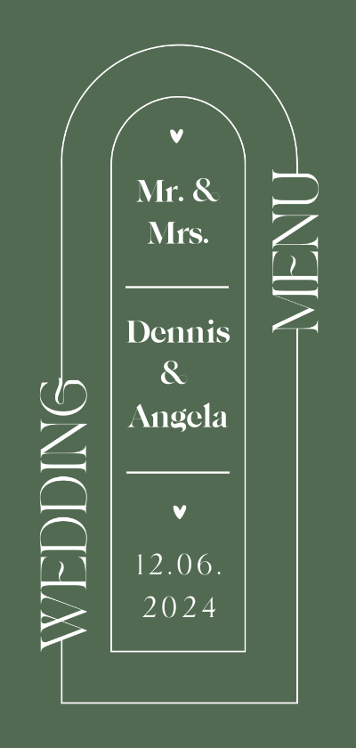 Trouwkaarten - Stijlvolle menukaart bruiloft bogen grafisch olijfgroen