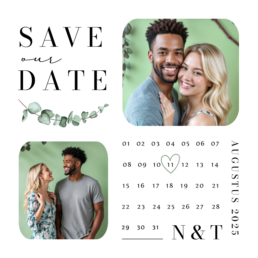 Trouwkaarten - Stijlvolle save the date kaart eucalyptus kalender foto's