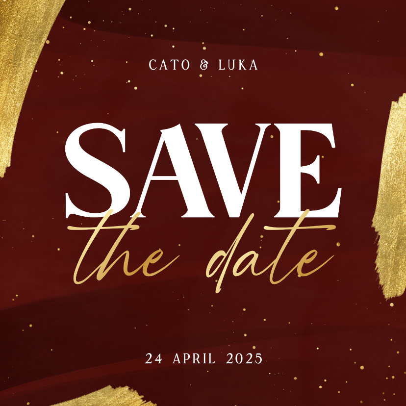 Trouwkaarten - Stijlvolle save the date kaart met gouden spetters verf rood