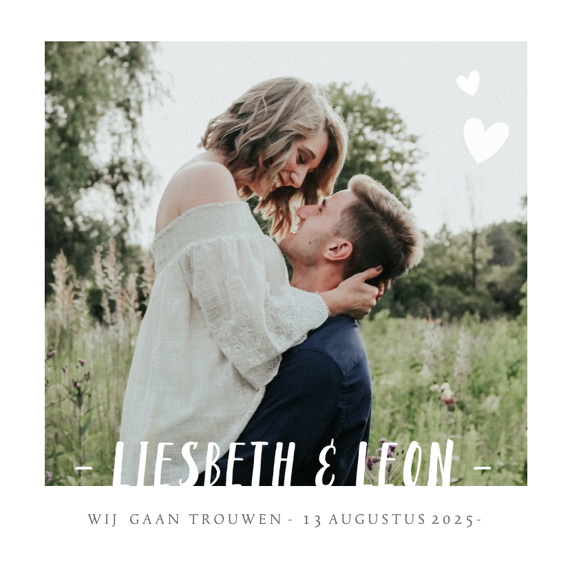 Trouwkaarten - Stijlvolle trouwkaart wit met grote eigen foto en namen