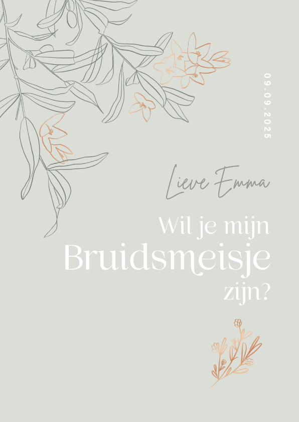 Trouwkaarten - Trendy bruidsmeisje kaart bruiloft groen olijftakjes boeket