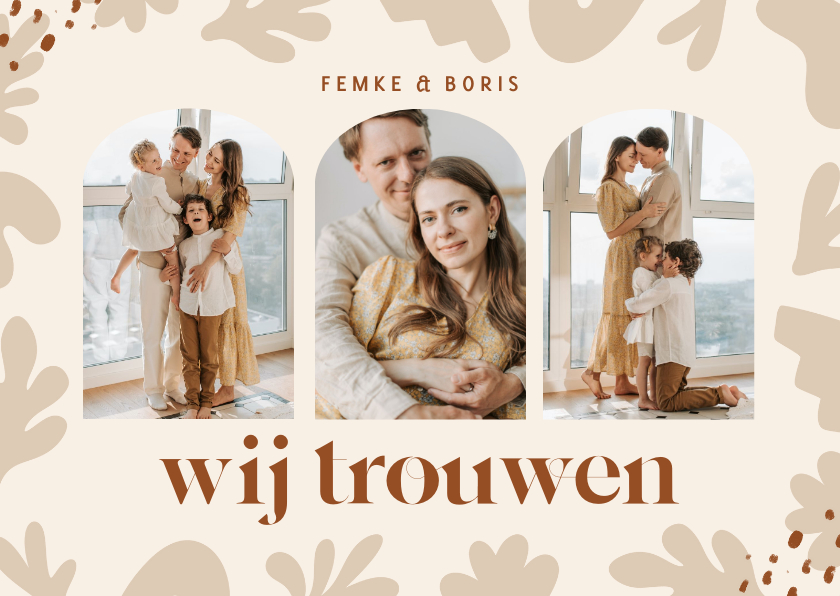 Trouwkaarten - Trendy trouwkaart met foto's en abstracte vormen beige