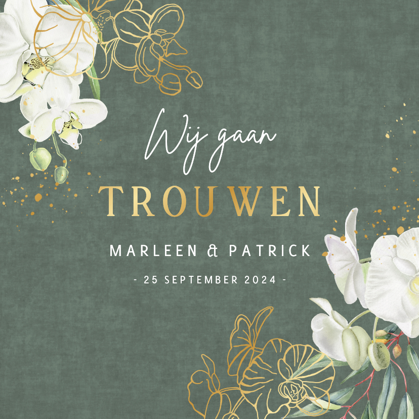 Trouwkaarten - Trouwen orchidee groen fluweel met folie