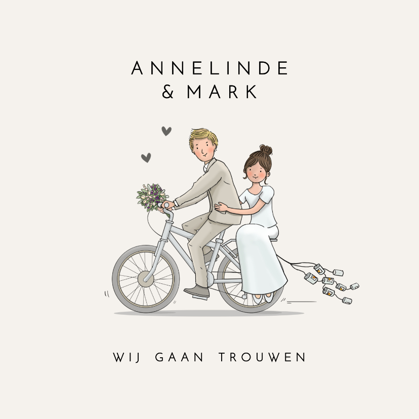 Trouwkaarten - Trouwkaart bruidspaar op fiets met bloemen