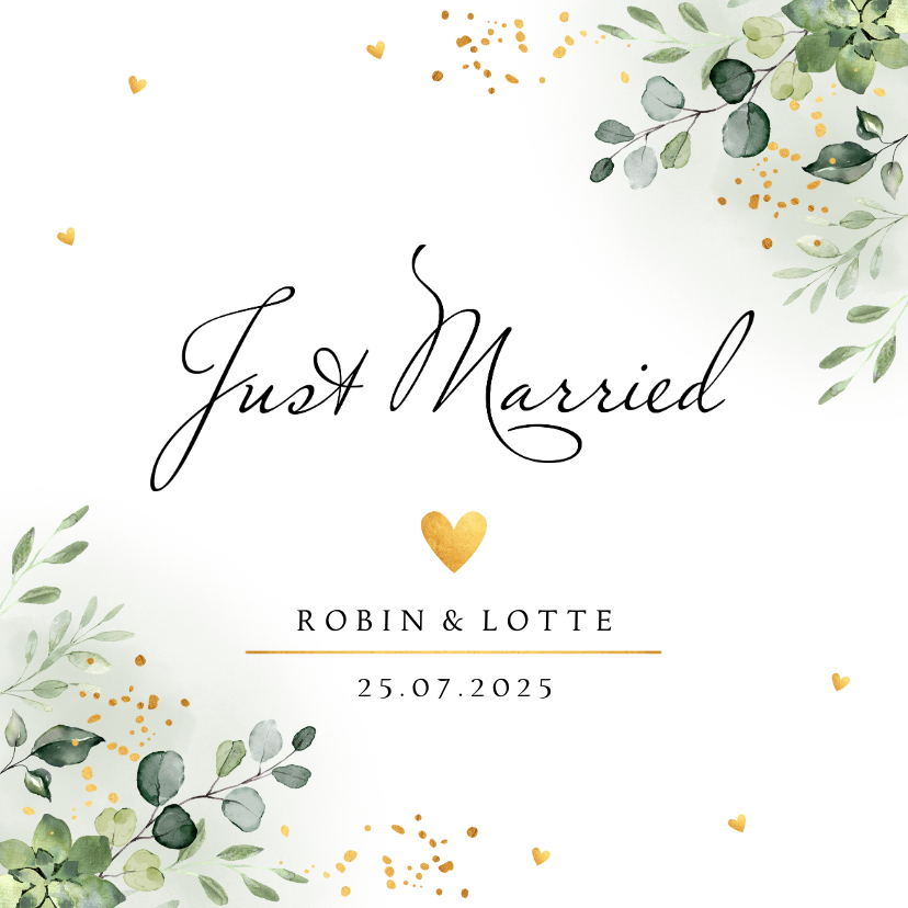 Trouwkaarten - Trouwkaart just married botanisch groen blaadjes goudlook