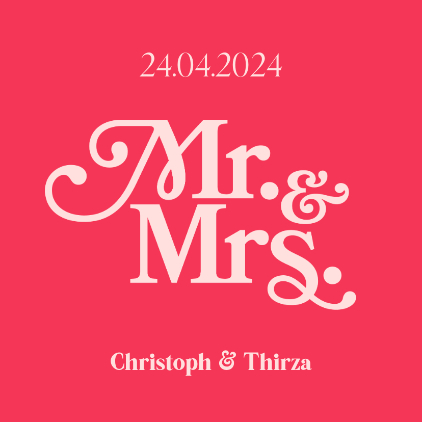 Trouwkaarten - Trouwkaart Mr. & Mrs. retro font hip roze