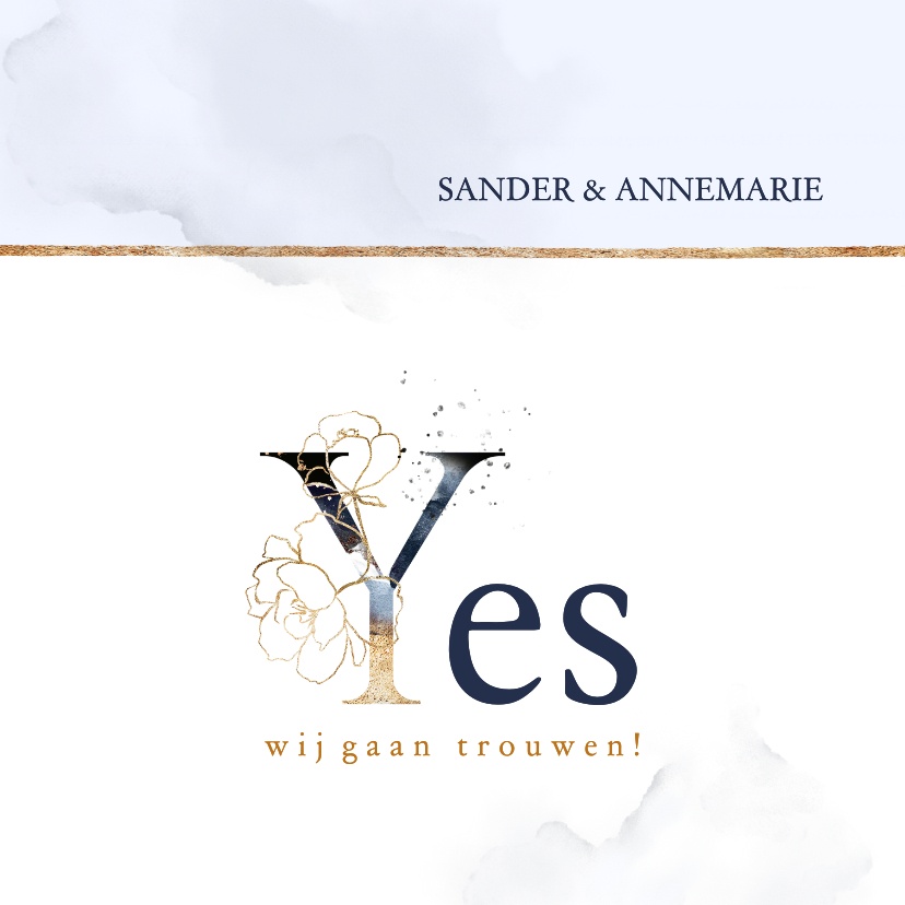 Trouwkaarten - Trouwkaart 'Yes' rozen blauw en goud