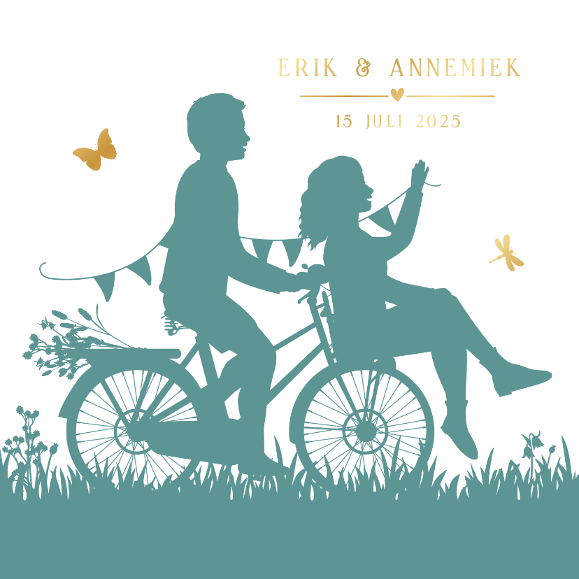 Trouwkaarten - Uitnodiging huwelijk met silhouet van koppel op een fiets