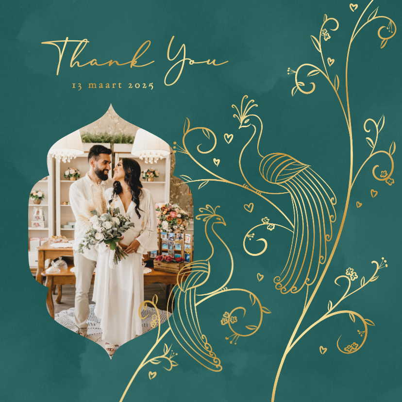 Trouwkaarten - Unieke trouwkaart bedankt met gouden vogels groen