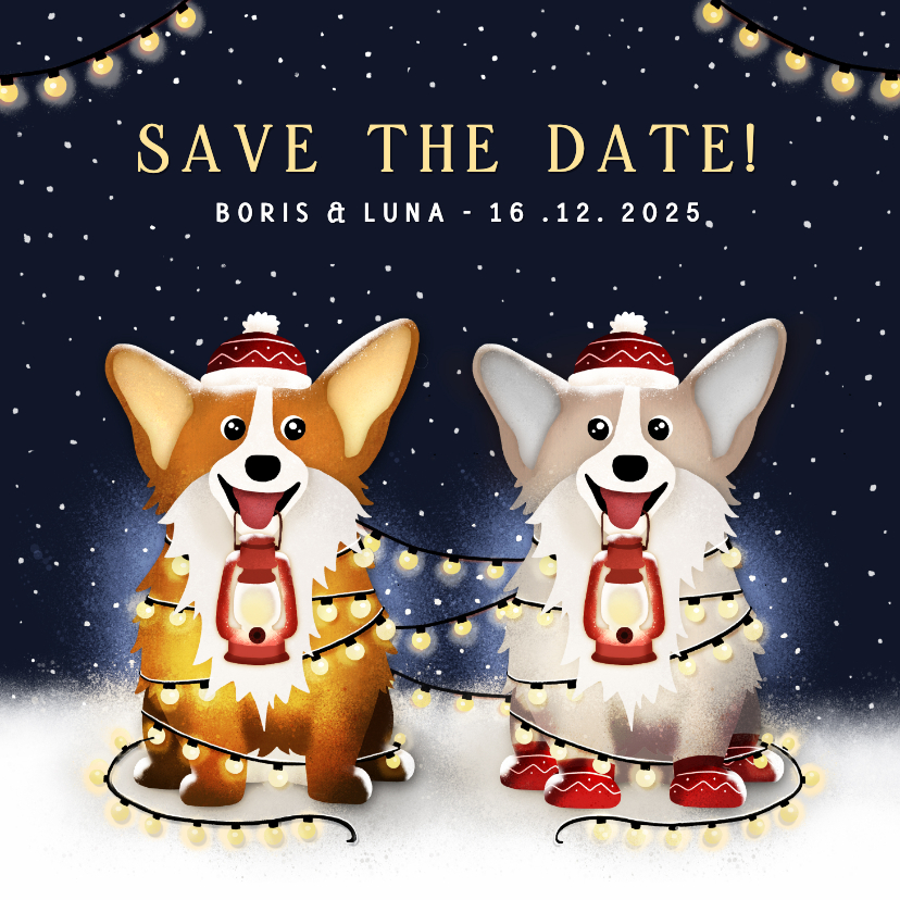 Trouwkaarten - Winterse Save the Date kaart met 2 corgi honden en lampjes