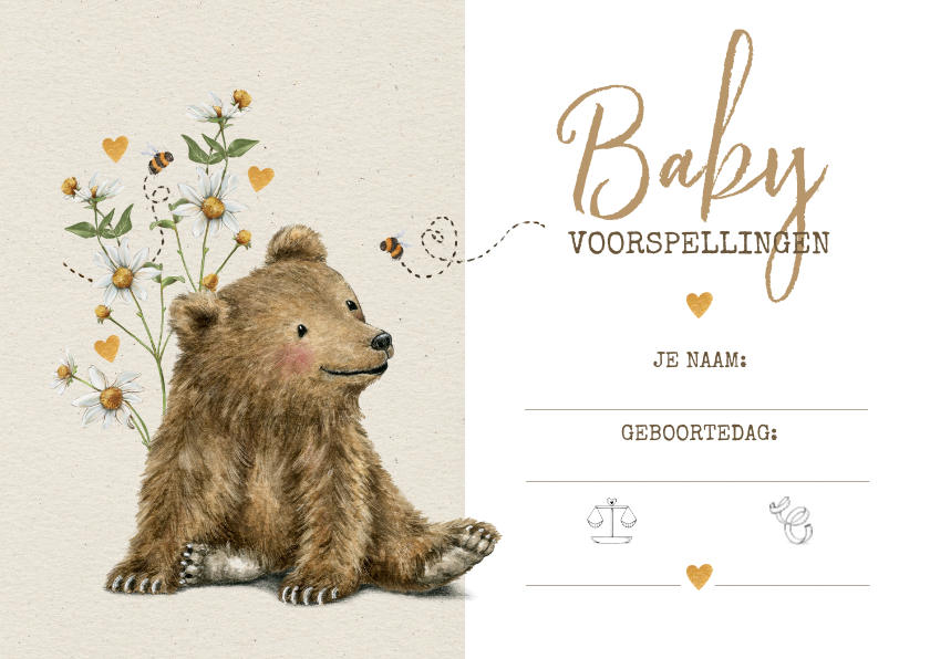 Uitnodigingen - Babyshower invulkaartje met lief beertje tussen de bloemen