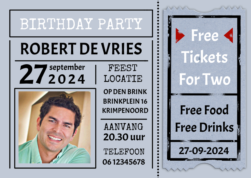 Uitnodigingen - 'Free Tickets For Two' uitnodiging verjaardag