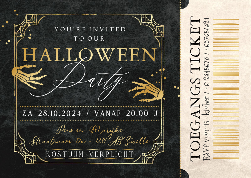 Uitnodigingen - Halloweenfeest uitnodiging ticket skelethand goud