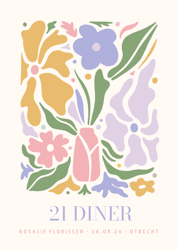 Uitnodigingen - Hippe uitnodiging bloemen voor een 21 diner van een vrouw