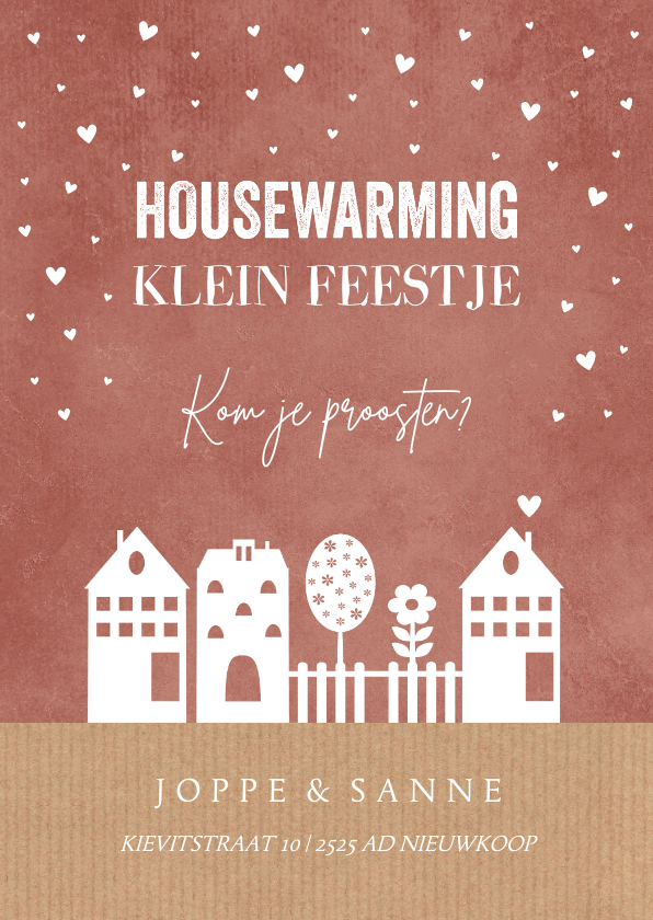 Uitnodigingen - Housewarming uitnodiging roestbruin huisjes hartjes