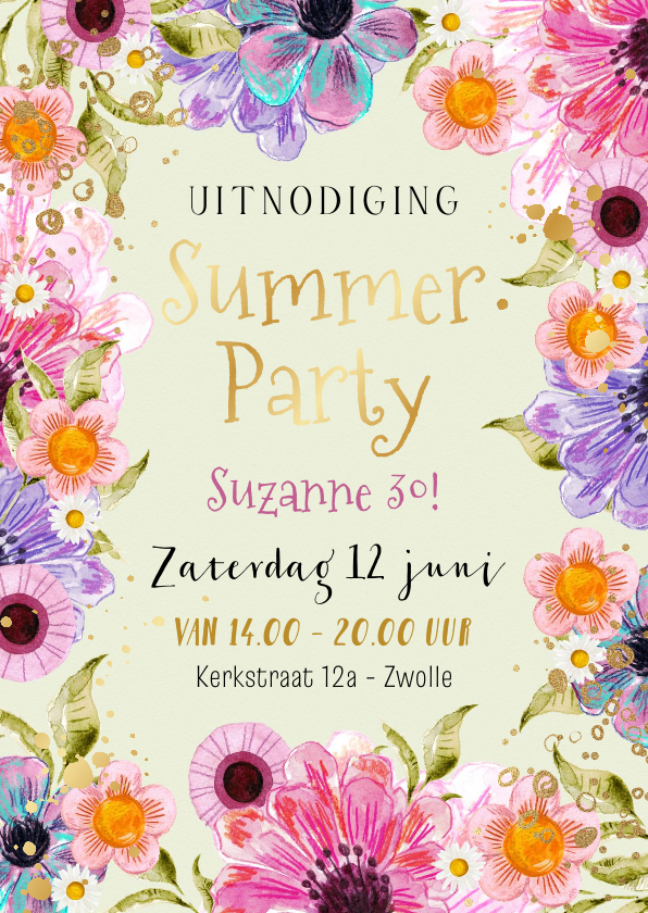 Uitnodigingen - Kleurrijke uitnodiging Summer Party bloemen watercolor goud