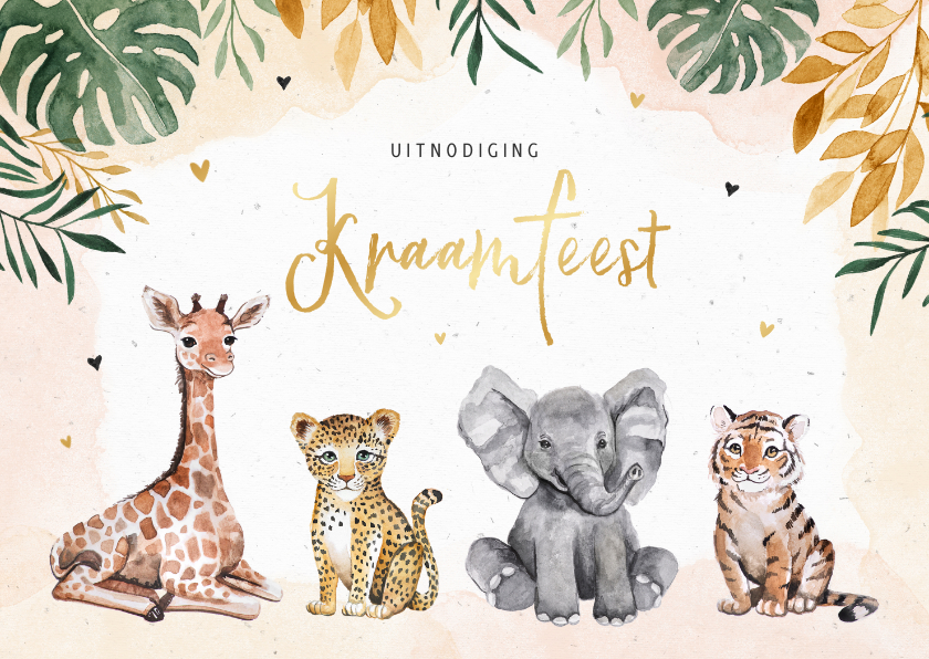 Uitnodigingen - Kraamfeest uitnodiging dieren jungle giraf olifant tijger