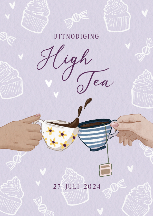 Uitnodigingen - Lila uitnodiging voor een high tea met theekopjes