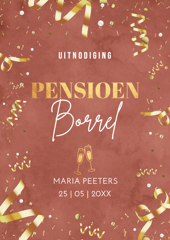 Uitnodigingen - Pensioen uitnodiging borrel vrouw roze goudlook confetti