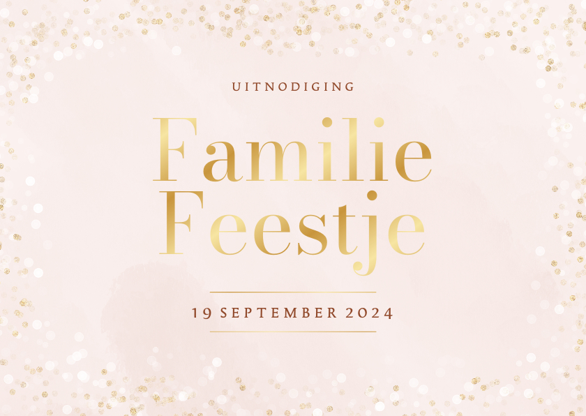Uitnodigingen - Roze uitnodiging familie feestje met confetti en goud