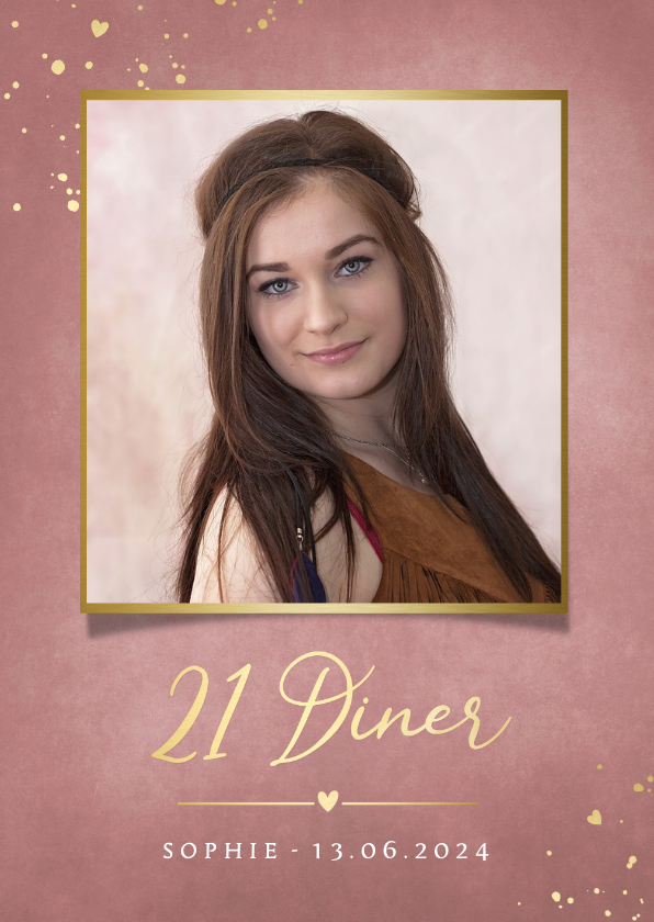 Uitnodigingen - Stijlvolle 21 diner kaart met foto en roze achtergrond