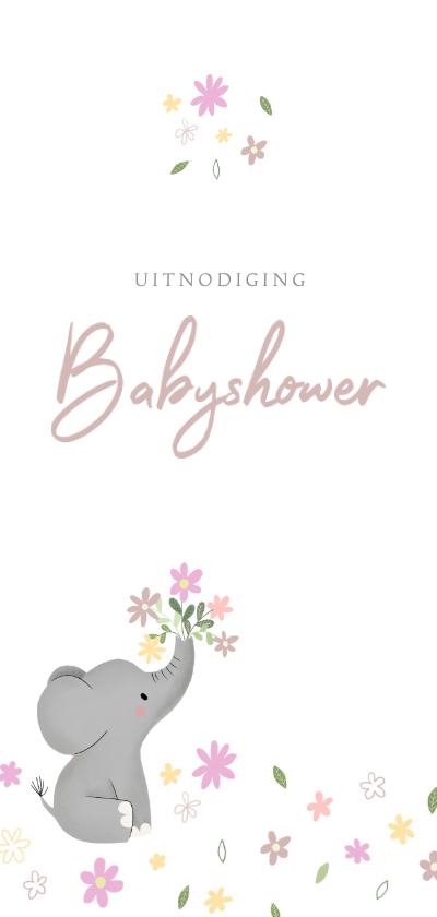 Uitnodigingen - Stijlvolle uitnodiging babyshower met olifantje & bloemetjes