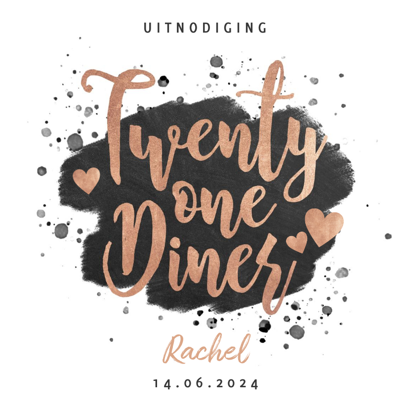 Uitnodigingen - Uitnodiging 21 diner met zwarte verf en gouden typografie