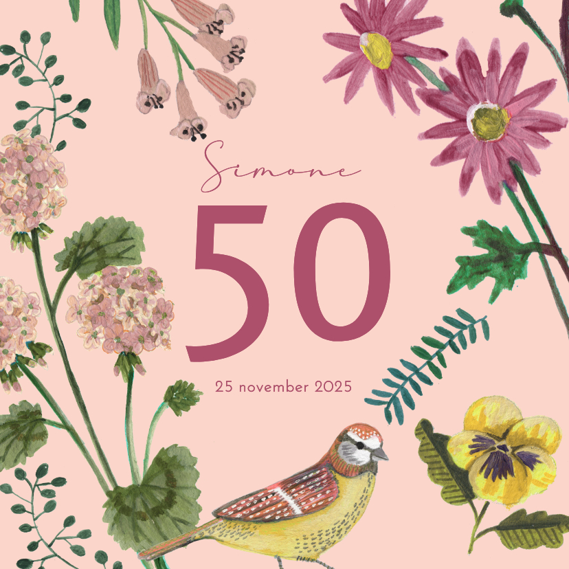 Uitnodigingen - Uitnodiging 50 jaar bloemen en vogel