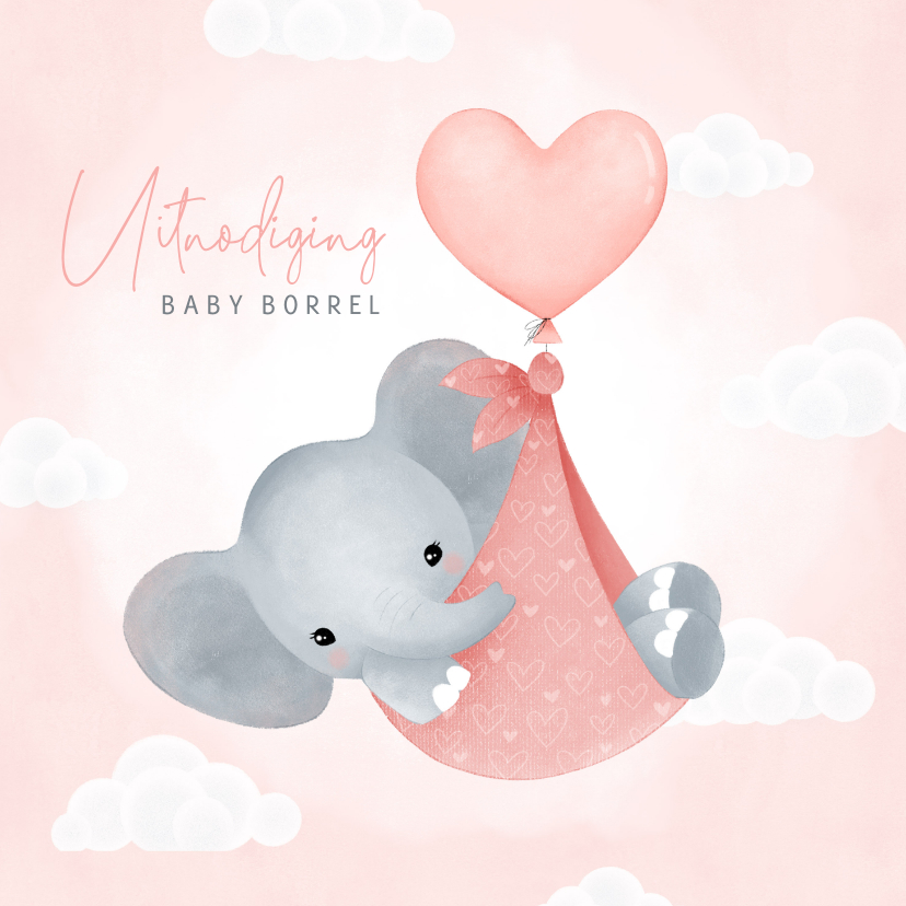 Uitnodigingen - Uitnodiging baby borrel meisje olifantje in draagzak ballon