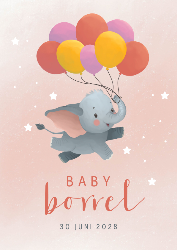 Uitnodigingen - Uitnodiging babyborrel met olifant en ballonnen