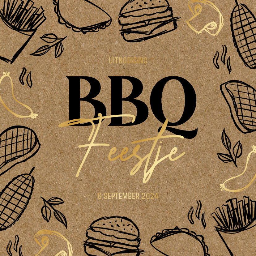 Uitnodigingen - Uitnodiging barbecue feestje doodles zwart goud kraftlook