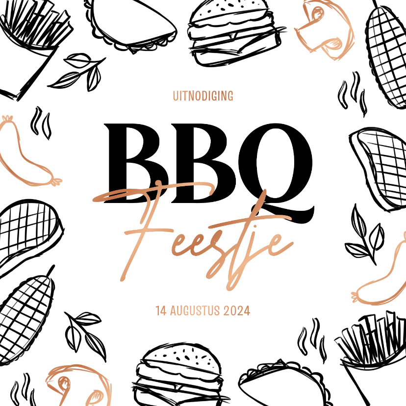 Uitnodigingen - Uitnodiging barbecue feestje doodles zwart wit koper