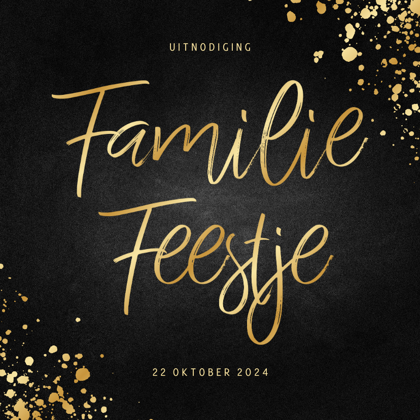 Uitnodigingen - Uitnodiging familiefeestje goud met spetters krijtbord